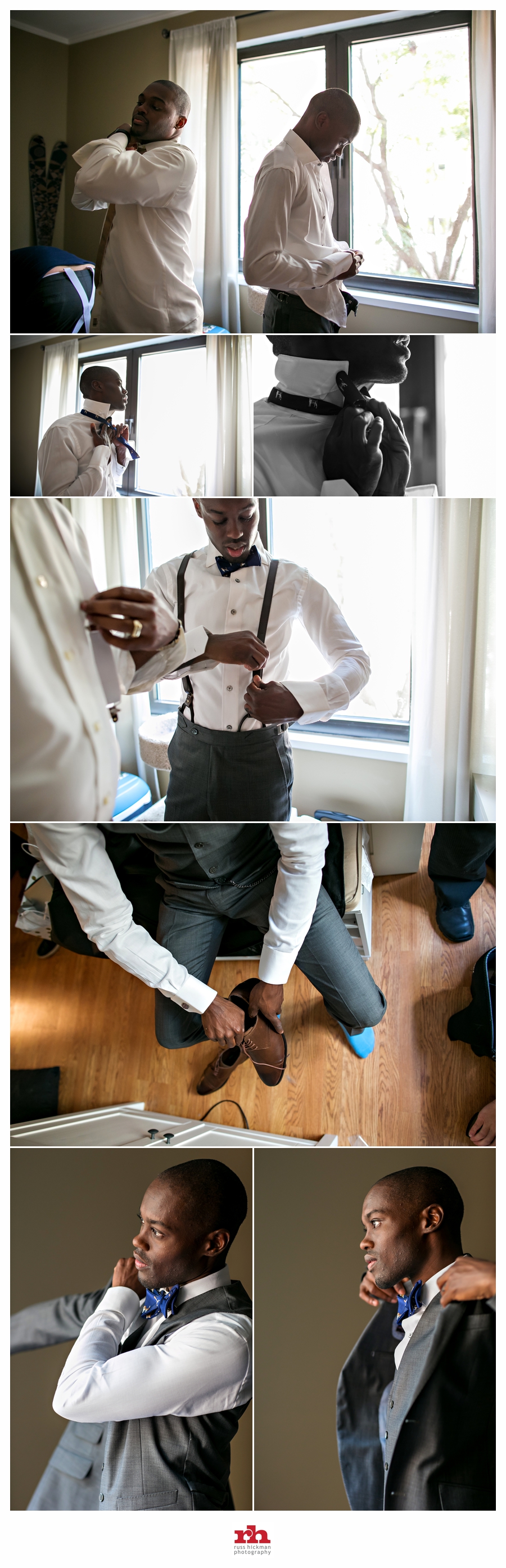 A groom gets dressed for his wedding in Baltimore, MD.